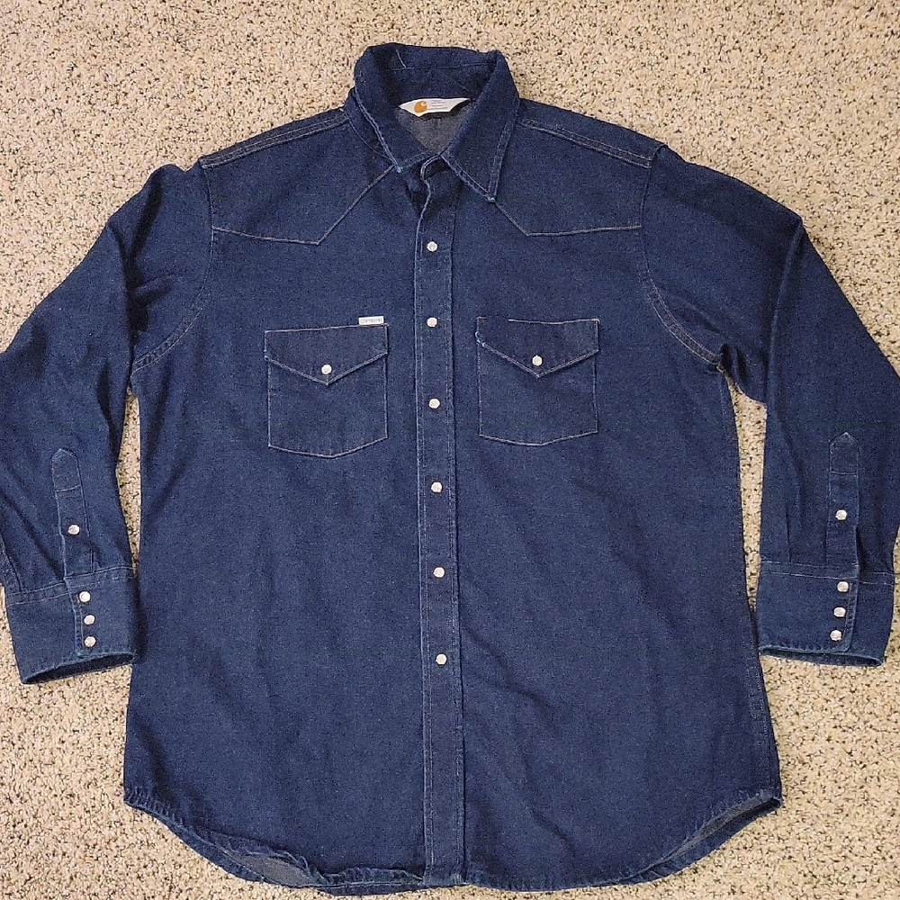 Vintage Carhartt Pearl Snap Button Up Down Denim Long Sleeve Shirt Large